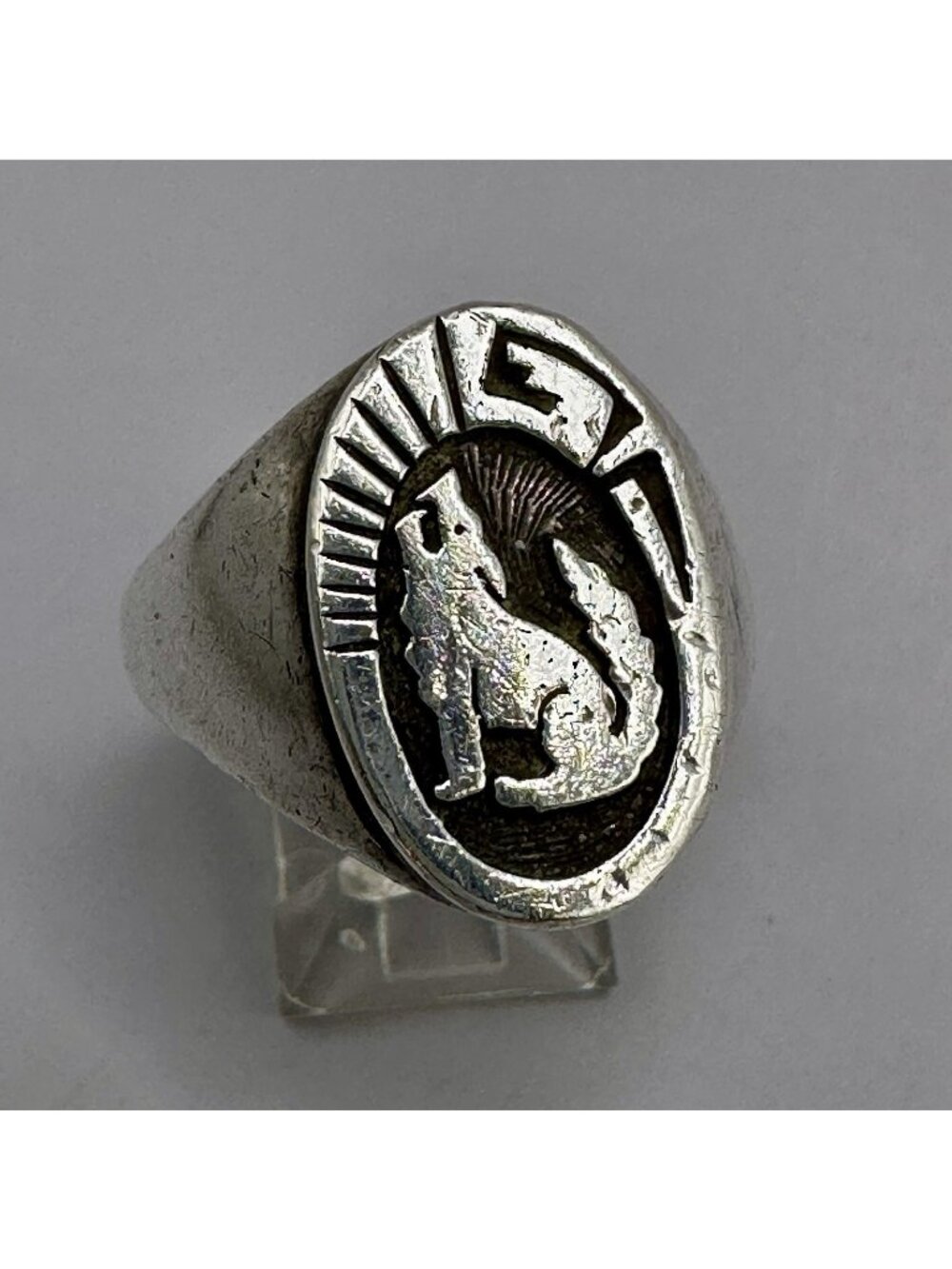 Navajo Calvin Peterson Howling Wolf Ring Sterling Silver Signed Size 11.5